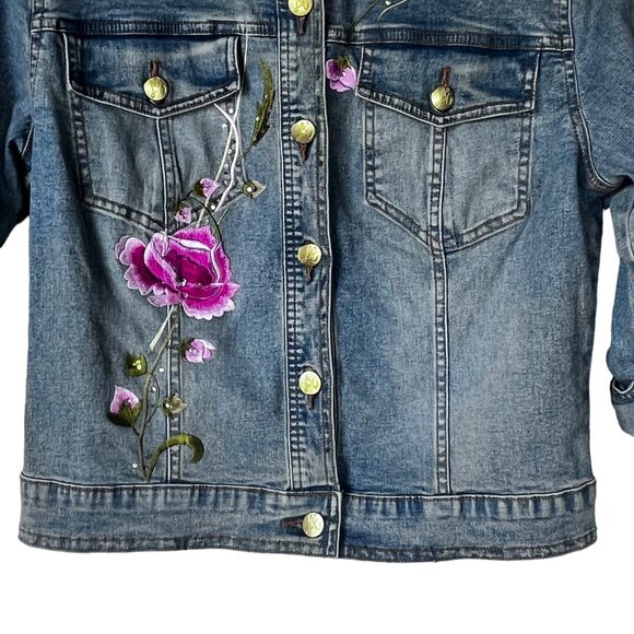 Lana Erica Womens Floral Embroidered Denim Jean Jacket Size Small - Picture 4 of 9